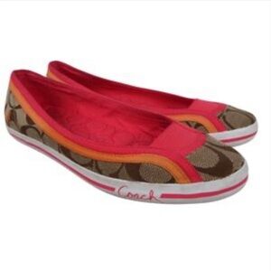 Coach Women’s Signature Canvas Slip-On Flats Pink & Orange Trim, Size 5B